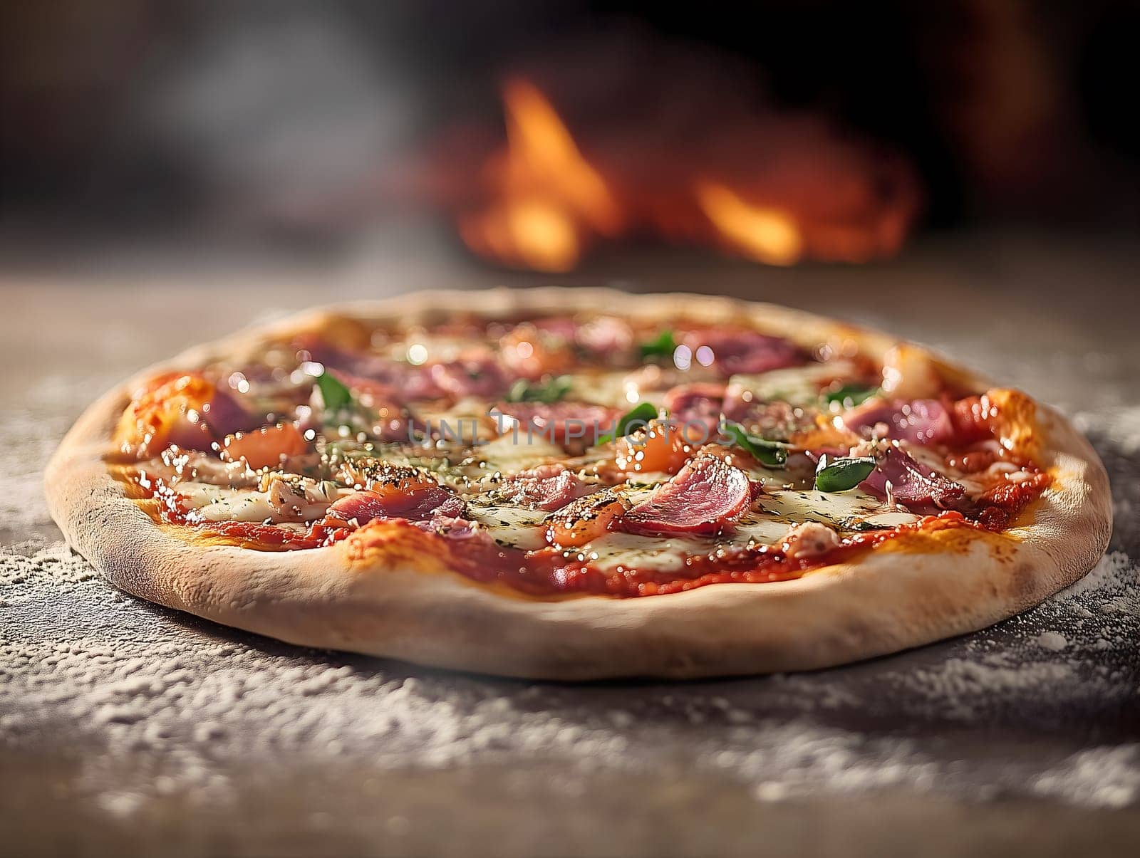 A mouthwatering wood-fired pizza with melted cheese, fresh herbs, and savory toppings sits on a rustic surface. The background features a traditional oven with flames, evoking the essence of authentic Italian cuisine.