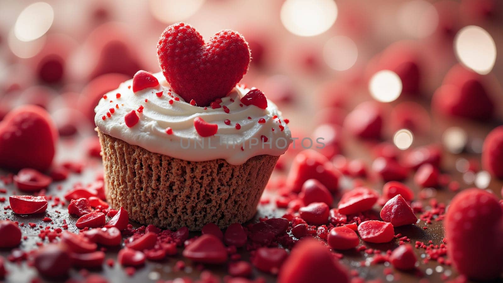 A cupcake with a heart on top of it is covered in red sprinkles. The cupcake is placed on a table with a red background. Concept of love and warmth