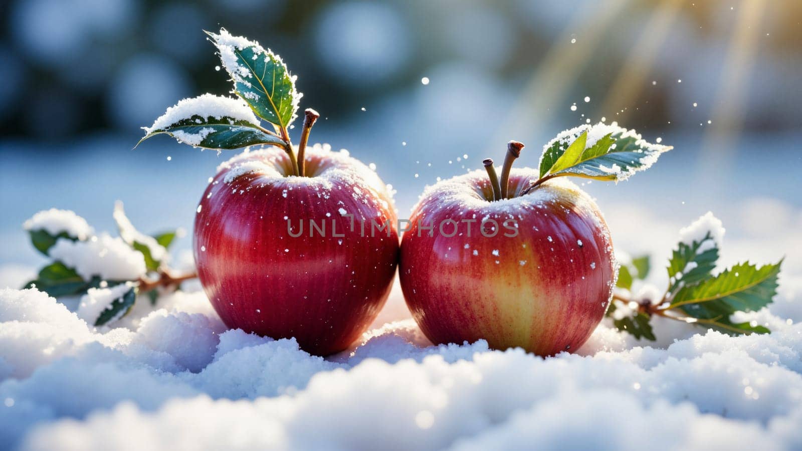 Two apples are sitting on top of a snowy surface with leaves on them. The apples are red and appear to be freshly picked. Concept of freshness and natural beauty