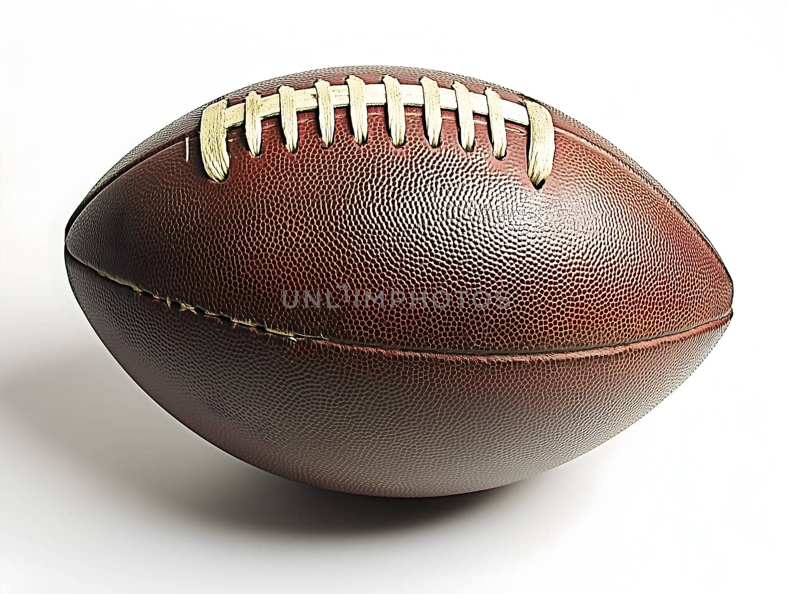 A worn leather American football with visible stitching and texture sits against a white background. The image represents sports history, nostalgia, traditional craftsmanship, and the evolution of football equipment.