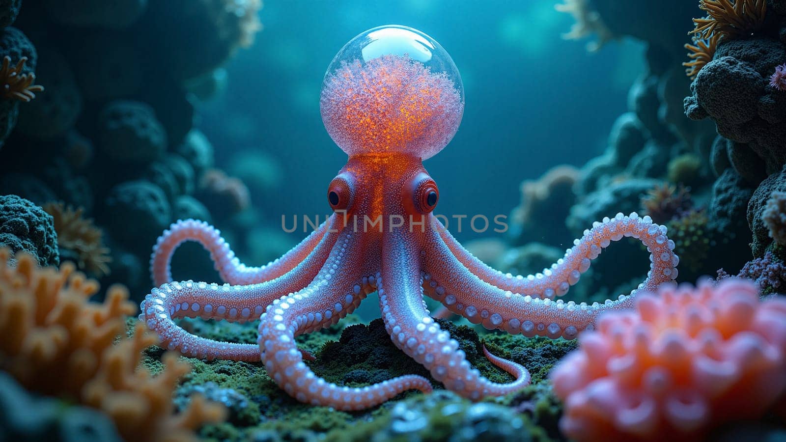 A large, orange octopus is floating in a tank of water. The octopus is surrounded by a variety of colorful sea plants and coral. The scene is peaceful and serene