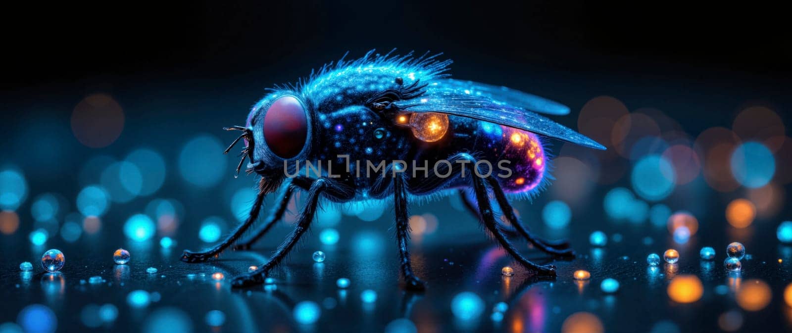 A fly is standing on a surface with a blue background. The fly is surrounded by a lot of small, colorful dots