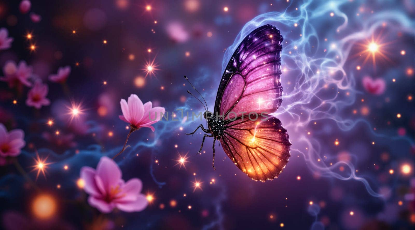 A colorful butterfly is flying over a field of pink flowers. The butterfly is surrounded by a glowing, starry sky, giving the image a dreamy, ethereal quality