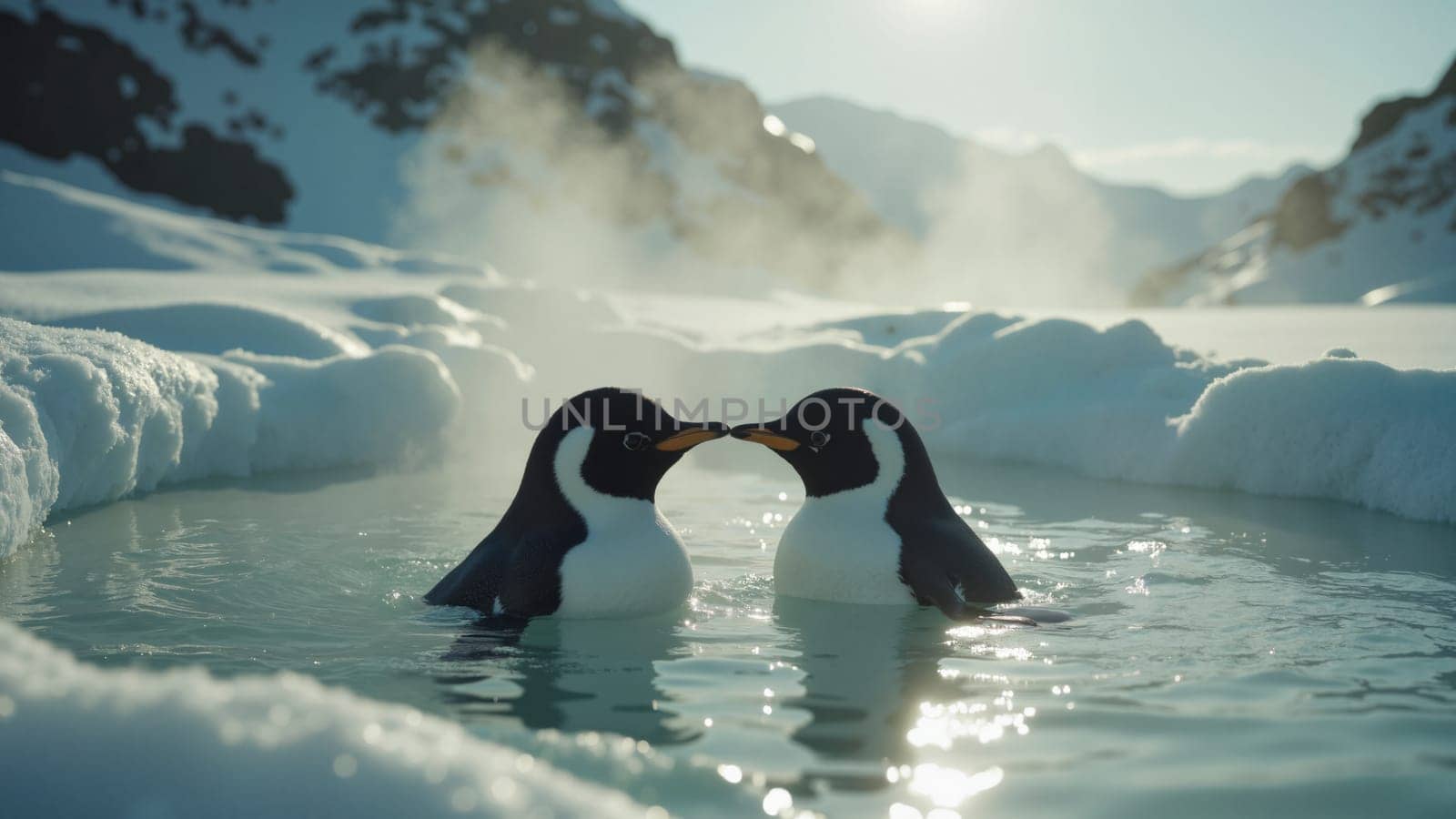 Two penguins are swimming in a body of water, one of which is looking at the other
