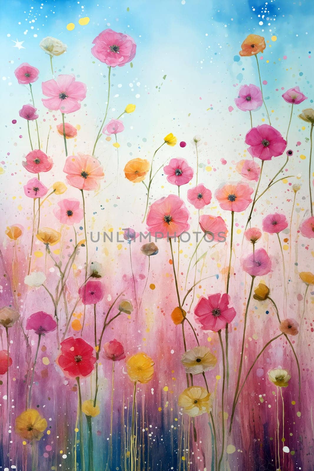 Bright pink, yellow, and orange flowers sway gently in a picturesque field, contrasting beautifully against a blue sky with soft clouds and splashes of color - Generative AI