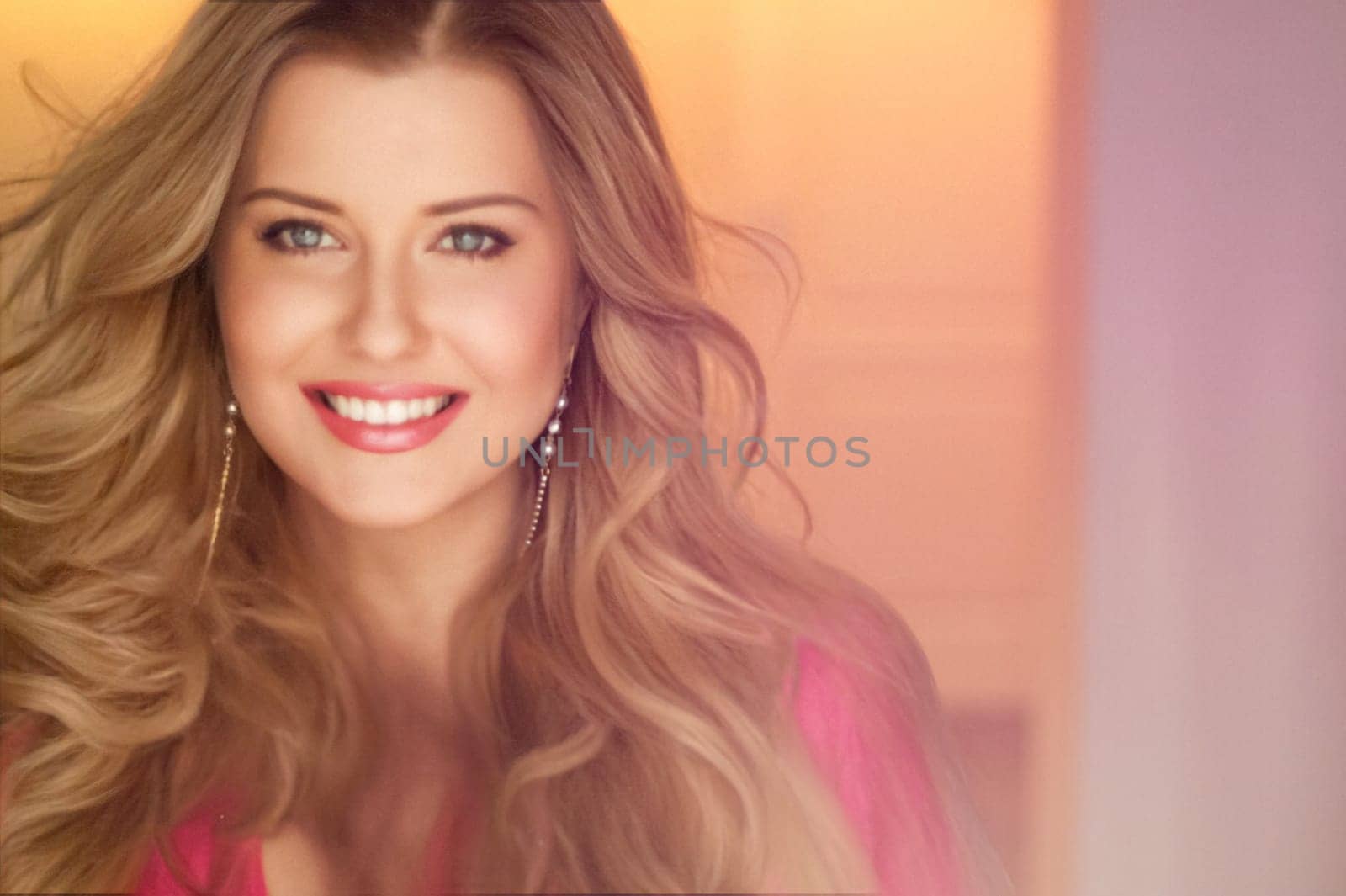 Woman with blue eyes and long, voluminous blonde hair styled in soft curls, wearing pink dress and elegant earrings, dreamy and feminine look idea