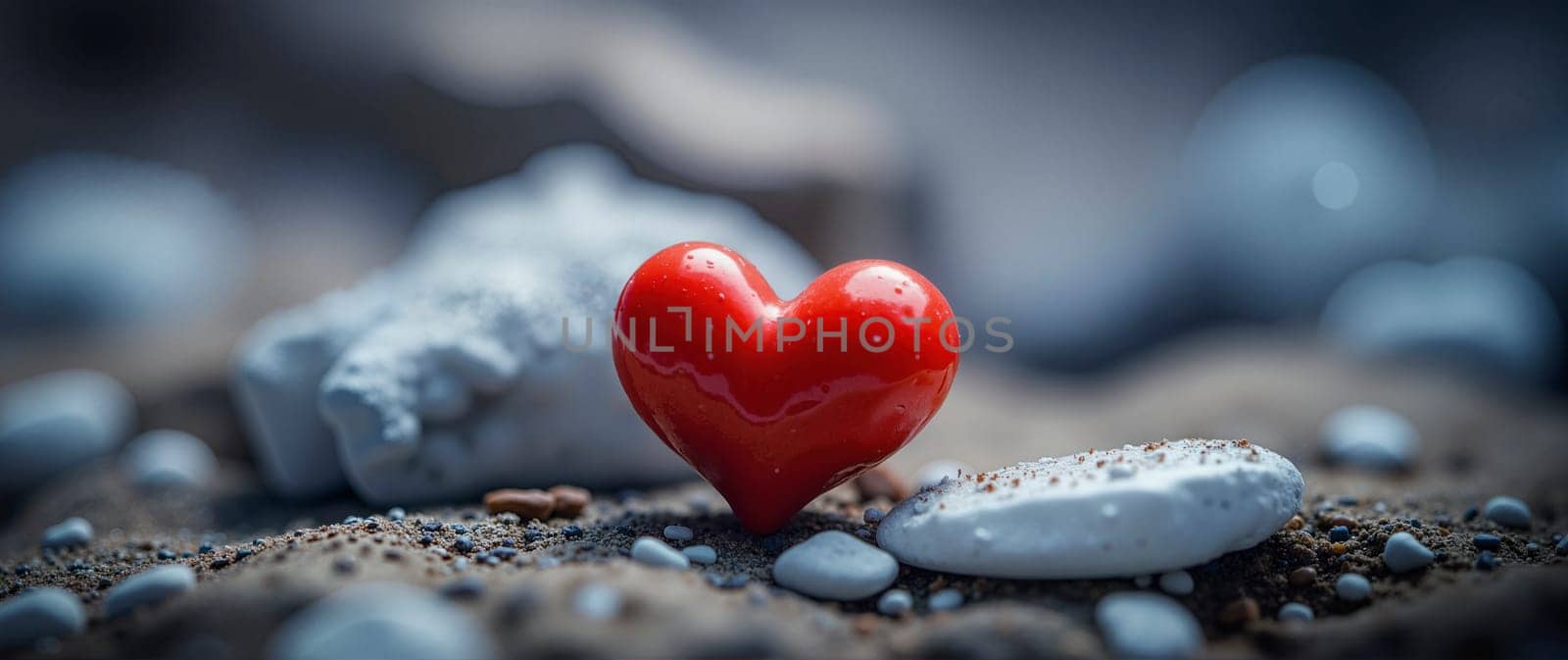 A red heart is on a rocky beach. The heart is surrounded by white rocks, and the scene has a peaceful and romantic mood