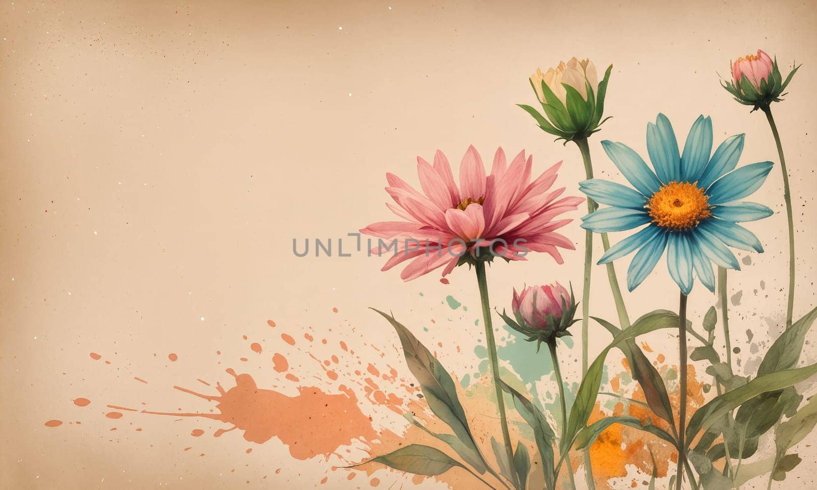 A collection of vibrant watercolor flowers in pink and blue hues stands gracefully against a soft, muted background with playful paint splashes - Generative AI
