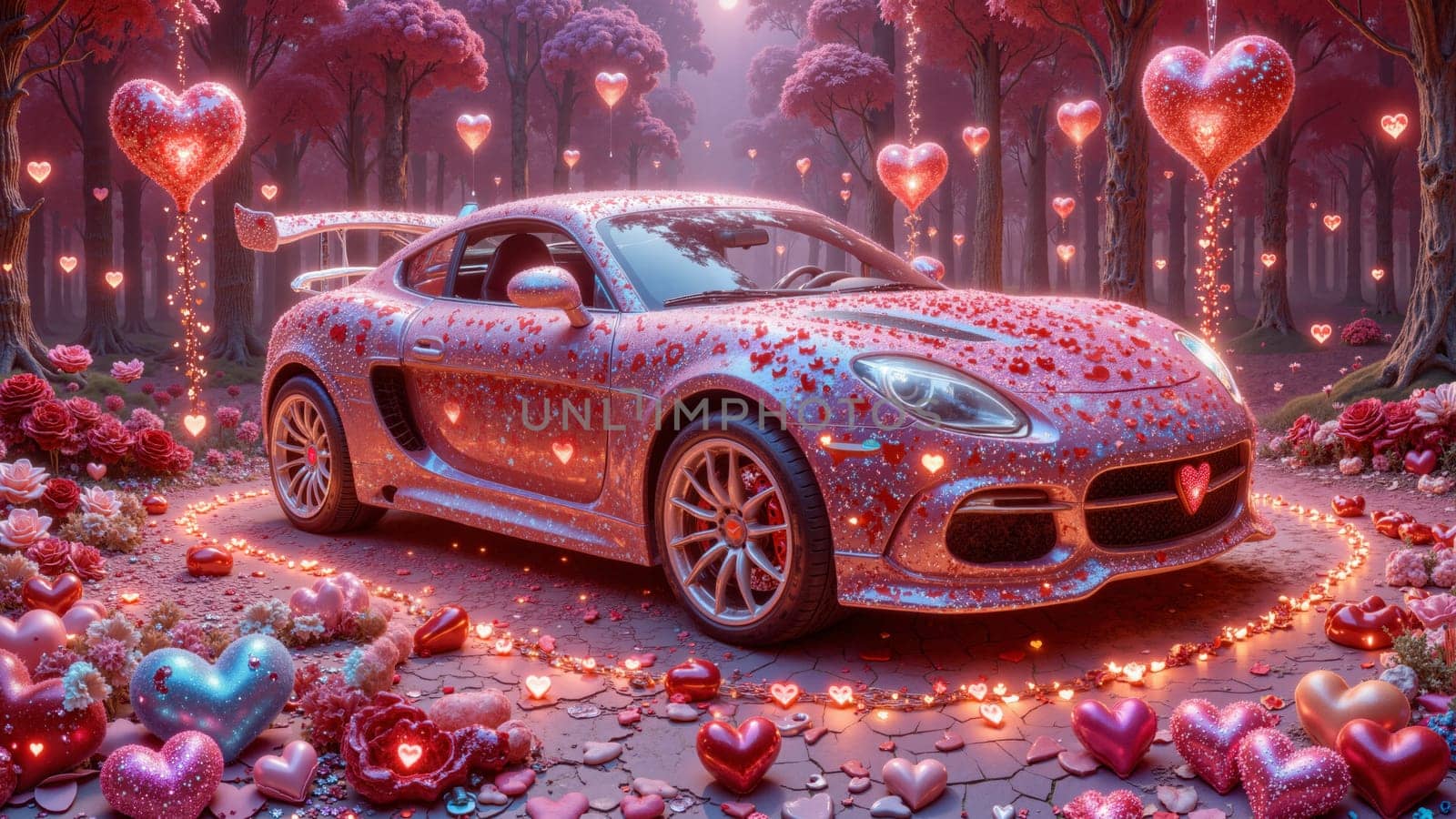 A car covered in red hearts is surrounded by a path of roses. The car is the center of attention, and the roses are arranged around it, creating a romantic and whimsical atmosphere