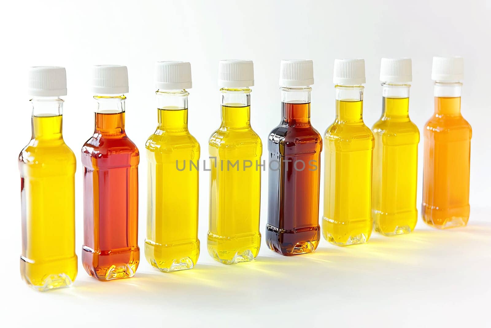 Plastic bottles filled with different types of vegetable oil on white background. Concept of harvest and healthy food.