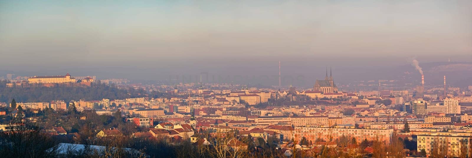 Brno city in the Czech Republic. Europe. Petrov - Cathedral of Saints Peter and Paul and Spilberk castle. Beautiful old architecture and a popular tourist destination. Photography of the city landscape in sunset. 