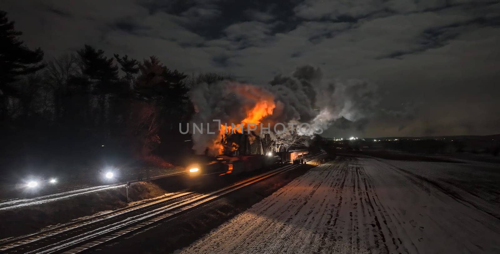 A train car is on fire next to snowy fields under a moonlit sky. Smoke billows into the air as emergency vehicles shine lights on the scene, creating an urgent atmosphere.