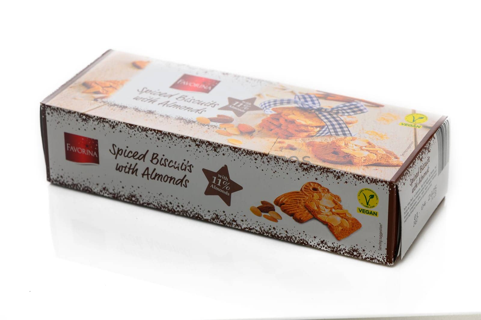 Gaziveren Cyprus -19.01.2025 A beautifully packaged box of spiced biscuits with almonds sits on a clean surface, inviting a delightful treat.