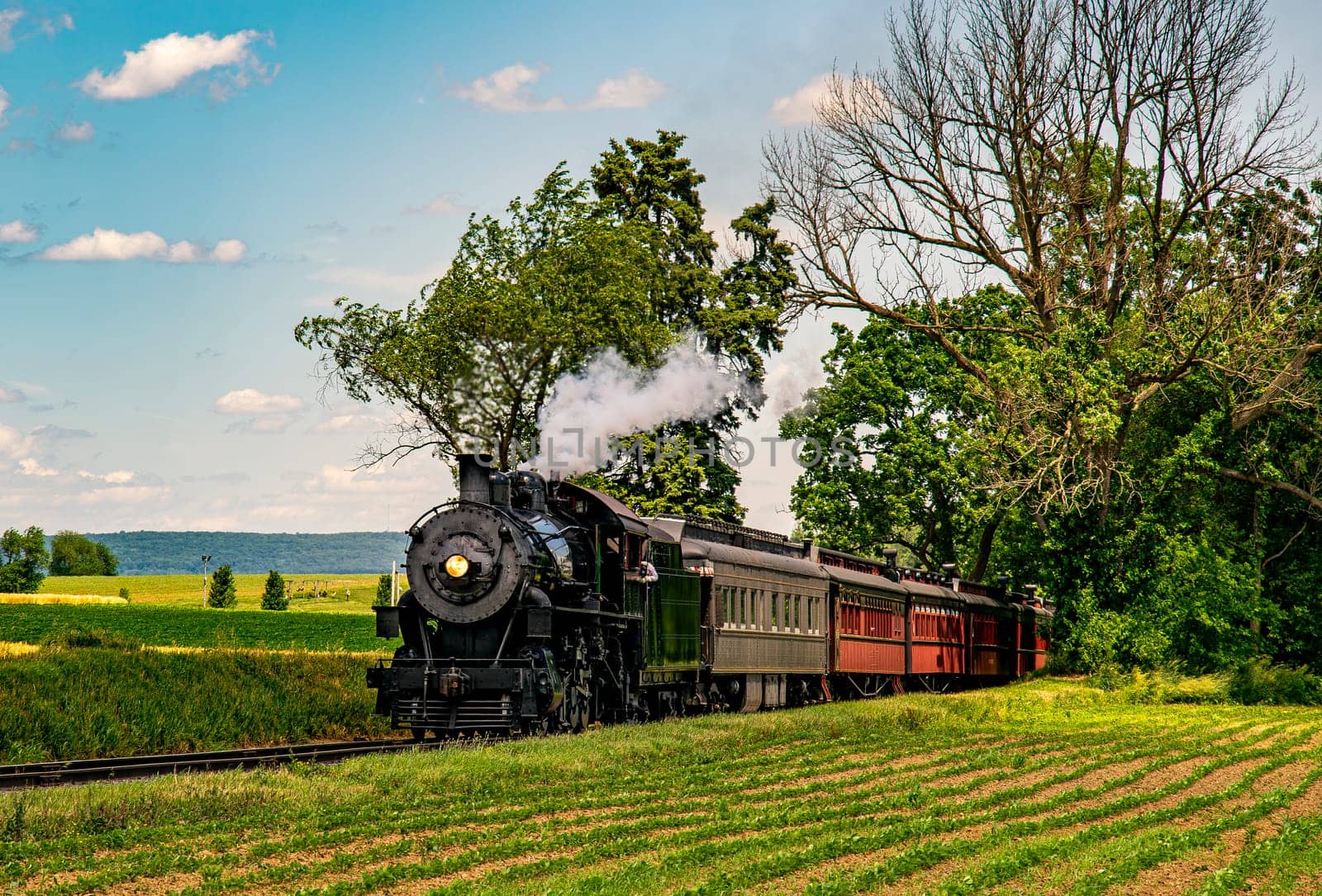 A steam train chugs along railway tracks bordered by vibrant green fields. The sun shines down, illuminating the historic engine and colorful carriages amid a tranquil landscape.