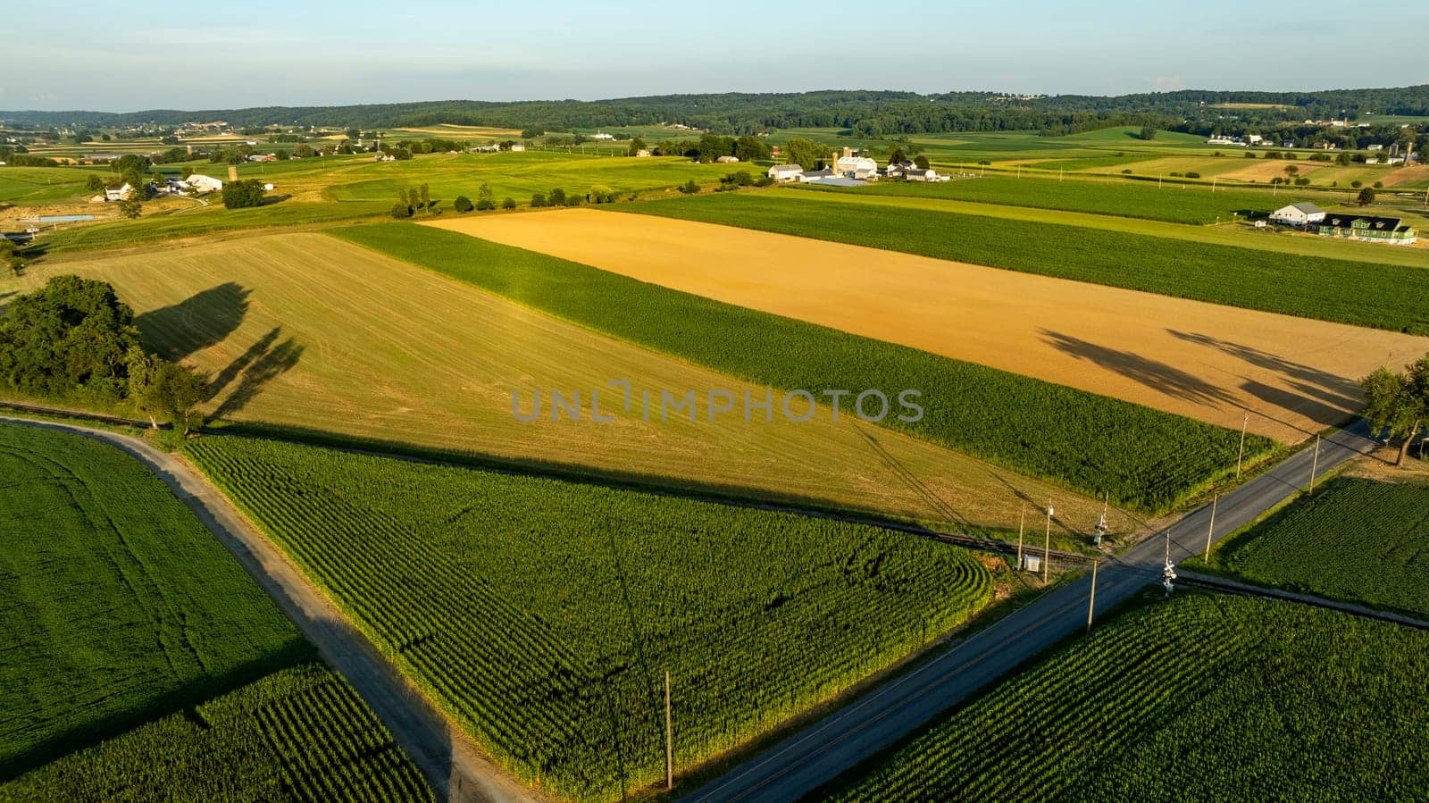 Expansive farm fields stretch across the landscape, featuring green and golden crops under a clear sky. A rural road winds through the verdant terrain, enhancing the scenic beauty.