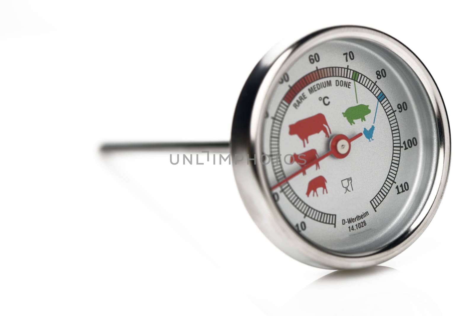 A close-up of a meat thermometer showcases various temperature indicators for cooking meat perfectly.