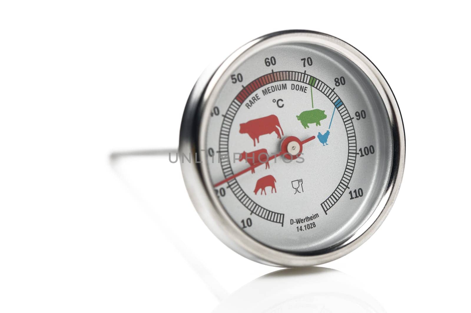 A handy meat thermometer showcases temperature ranges for optimal cooking of various meats in a modern kitchen.