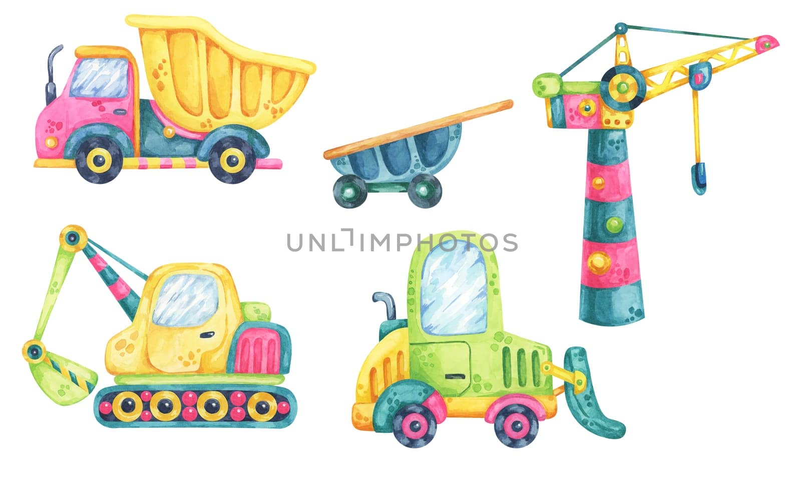 Bright construction vehicles. Toy cars. Pink dump truck, green forklift, yellow excavator, and colorful crane. Kids building site watercolor clipart. Ideal for baby nursery room designs, wall stickers