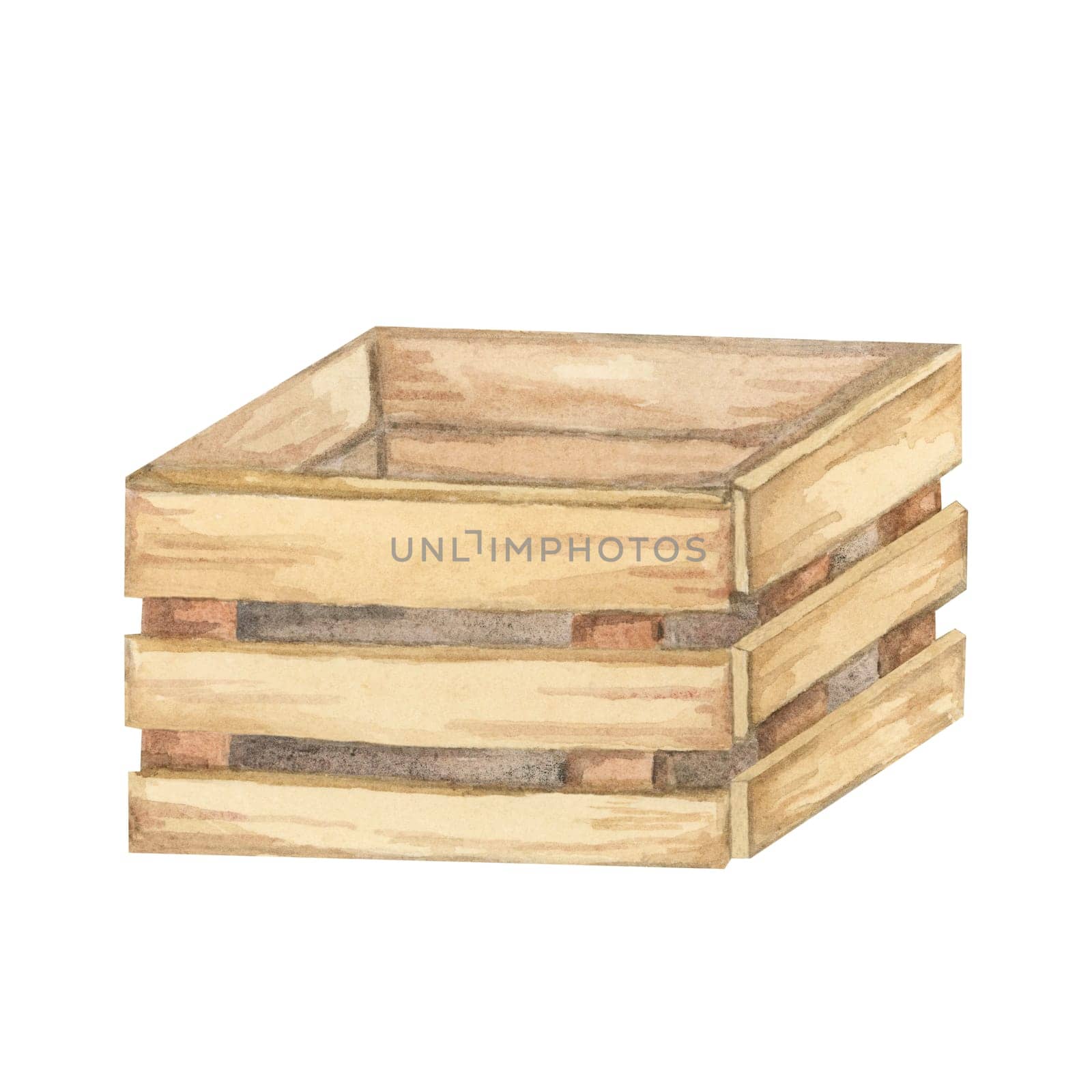 Wooden box of three wood planks. Rustic storage box clipart. Watercolor hand drawn illustration for farmhouse designs, gardening-themed merchandise, or rustic craft patterns for print and digital use