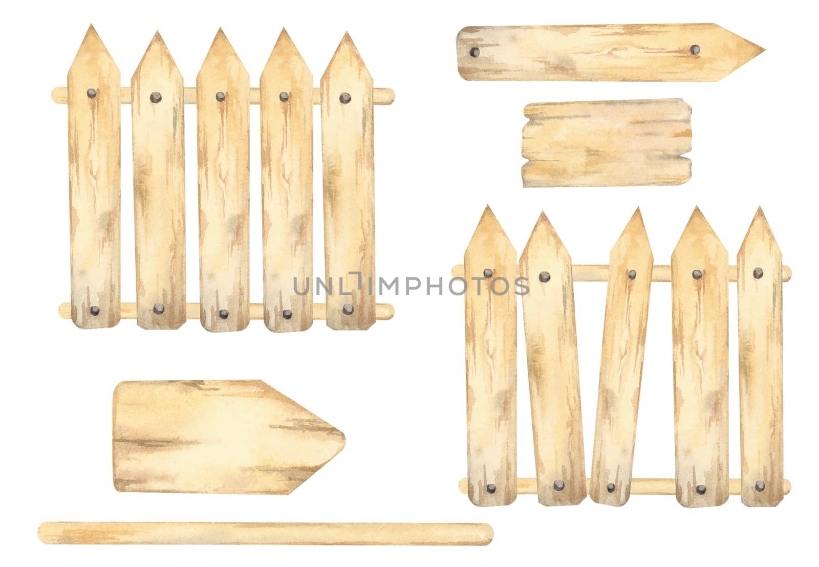 Wooden picket fence parts. Sign board and pointers set. Watercolor illustration. Hand drawn arrows from wood for rustic DIY designs, farm-themed crafts, invitations, , and garden-themed projects
