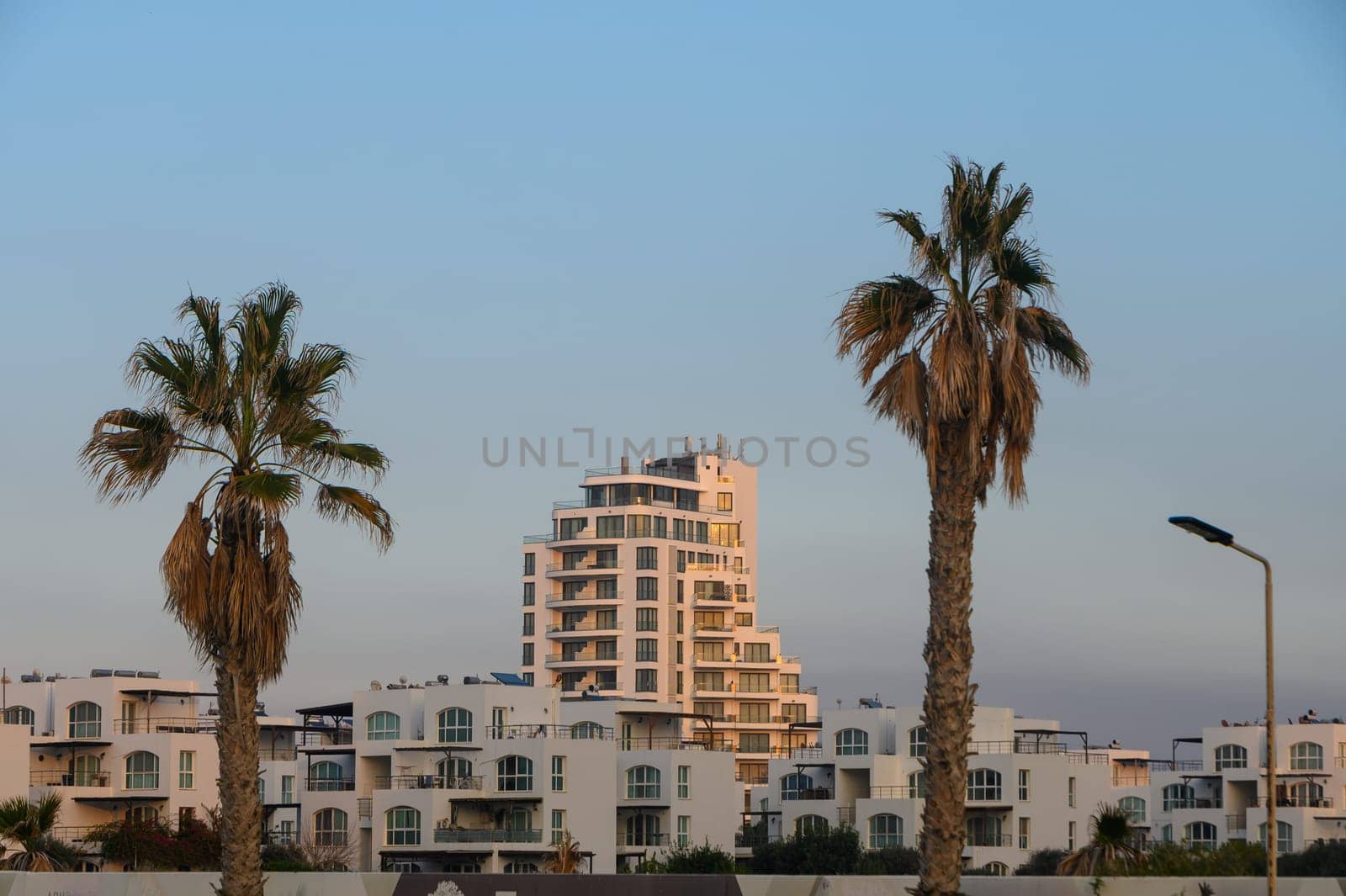 Golden hour casts a warm glow on contemporary buildings framed by swaying palm trees along a serene coast.
