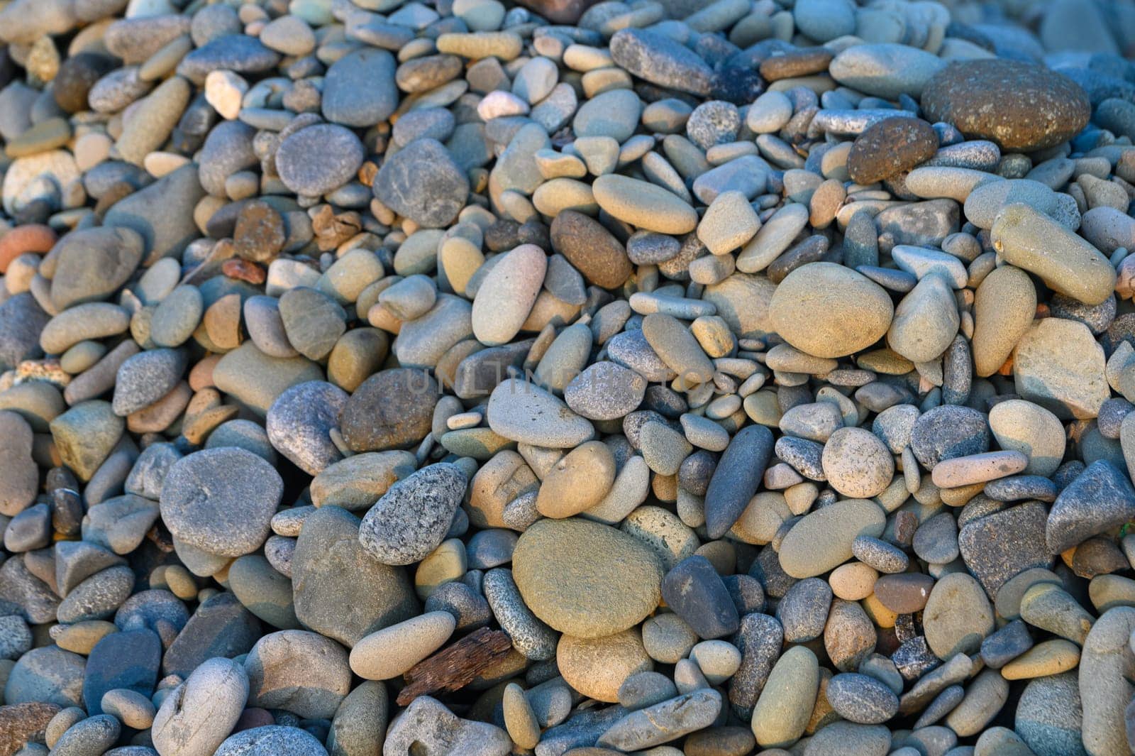 Smooth, colorful pebbles of various shapes and sizes create a serene riverside landscape under warm sunlight.