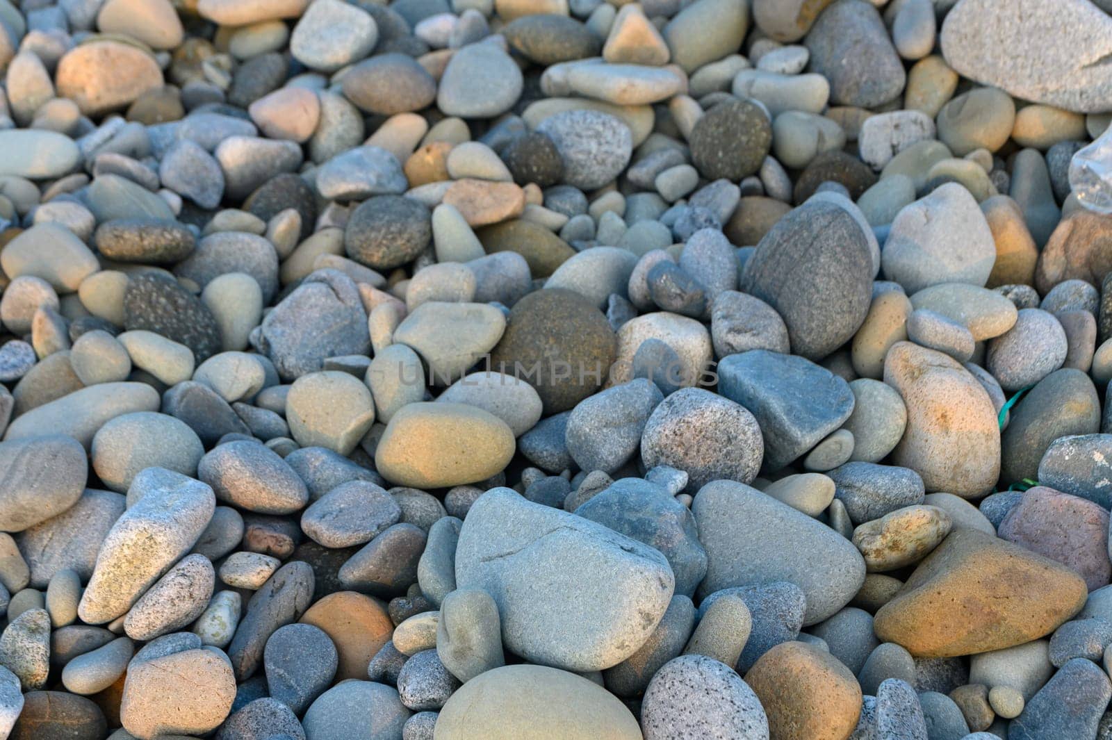 A variety of smooth pebbles lay together on a riverbank, showcasing a mix of colors and sizes under the warm sun.