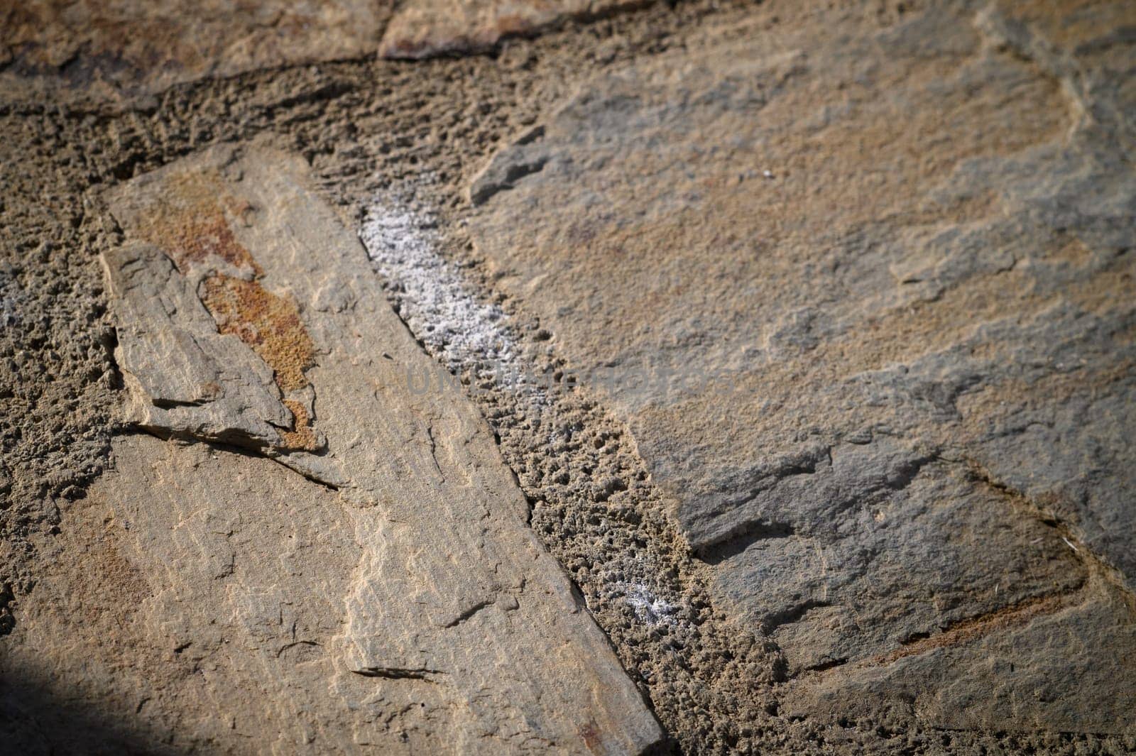 Sunlight highlights the intricate patterns and earthy tones of a rugged stone surface, creating a serene atmosphere.