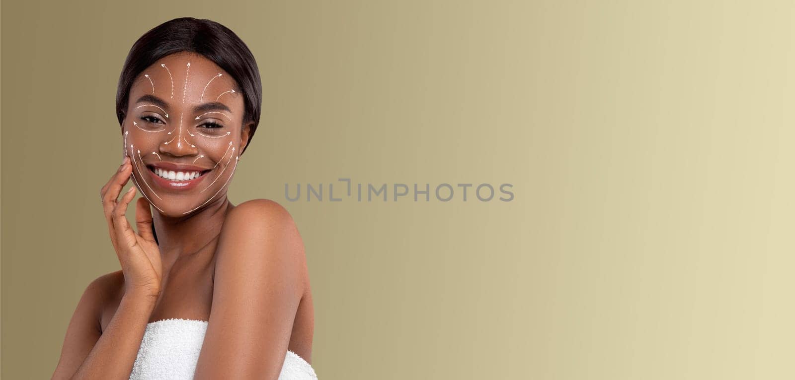 A joyful African American woman practices her skincare routine, smiling brightly. She is pampering herself in a tranquil, isolated location, highlighting her dedication to beauty and self-care.
