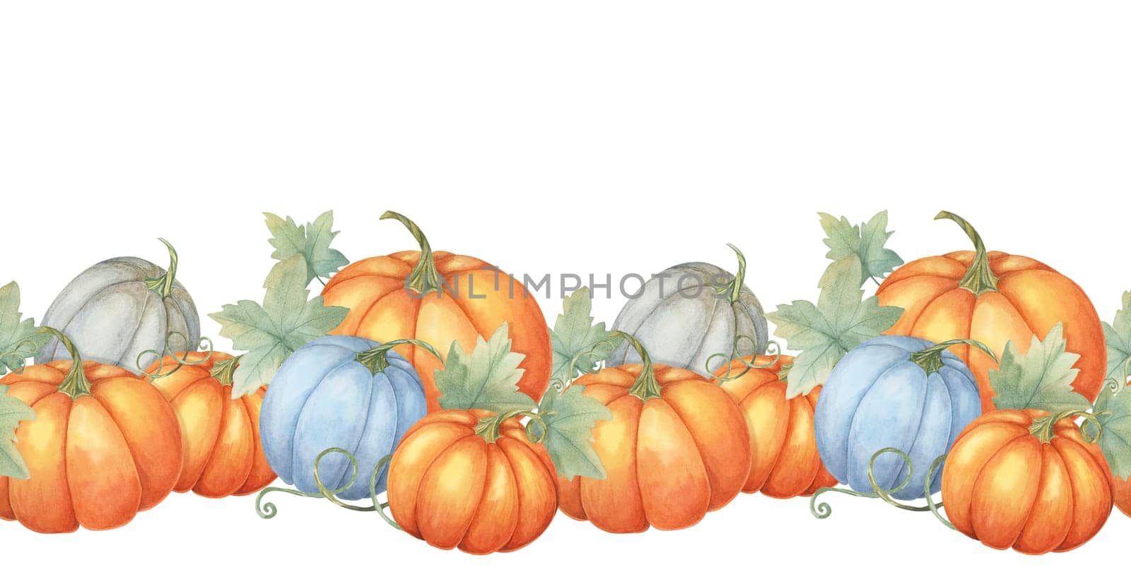 Pumpkin seamless border features watercolor pumpkins in shades of orange, blue and gray with leafy accents, perfect for autumnal designs. Clipart for event decor, posters, and packaging