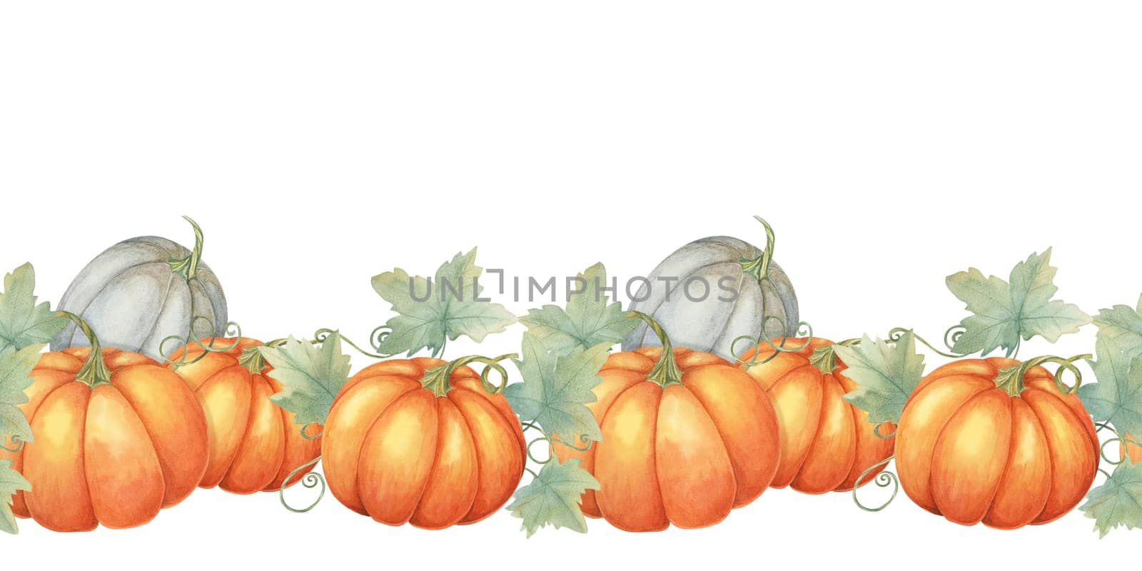 Pumpkin seamless border clipart combines orange and blue pumpkins with green leaves in a watercolor style, perfect for creating seasonal designs. Ideal for invitations, flyers, and home decor