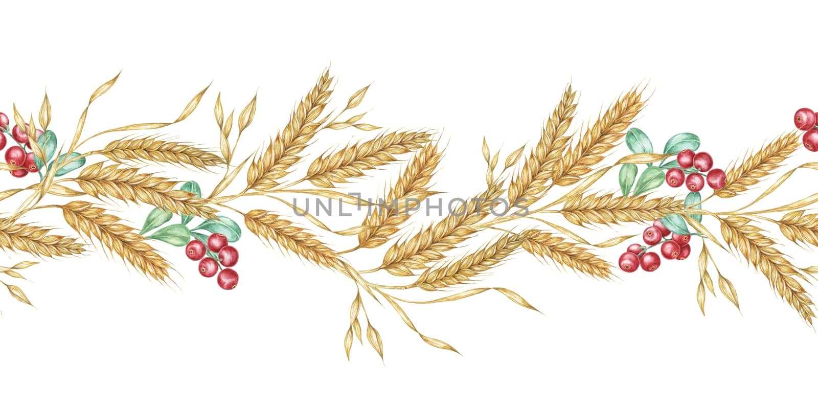Wheat seamless border clipart showcases watercolor illustrations of wheat stalks interspersed with berries, adding a twist to your design projects. Great for holiday cards, scrapbooking, and gift wrap