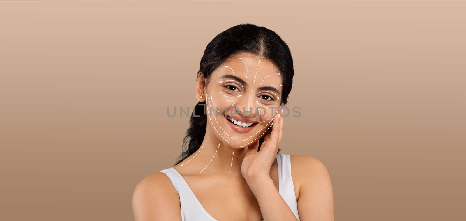 A lady is engaging in her beauty routine, smiling as she applies skincare products. The setting is isolated with a soft, neutral background that emphasizes her joy and pampering experience.