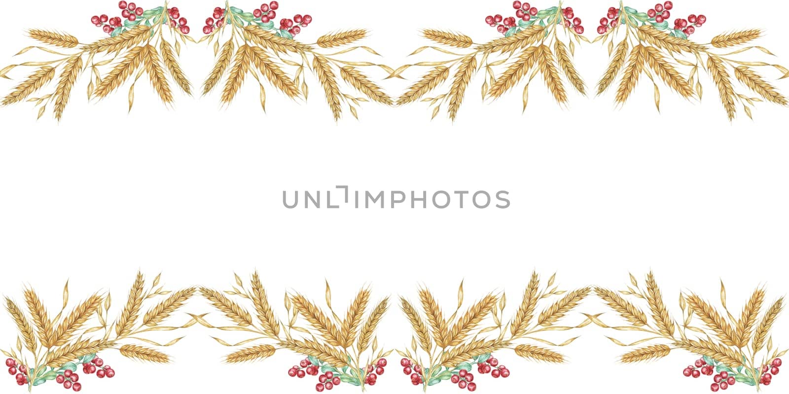 Wheat seamless border clipart with golden watercolor wheat stalks and ref cranberries for your designs. Ideal for use in digital and print projects, including cards, event decor and packaging