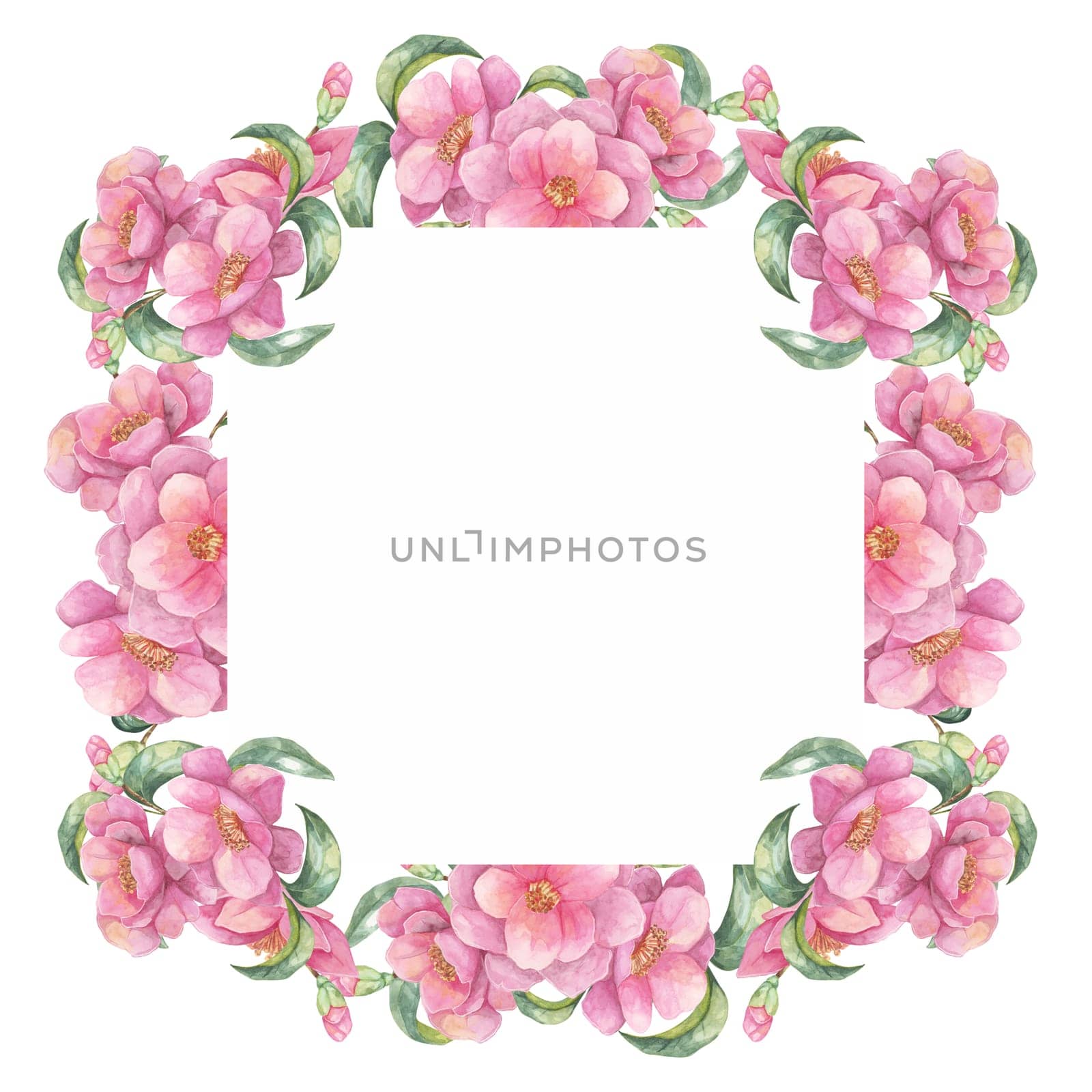 Pink camellia watercolor clipart with vibrant flowers creating a full border around a white square frame. Suitable for wedding invitations, social media graphics, and framed prints