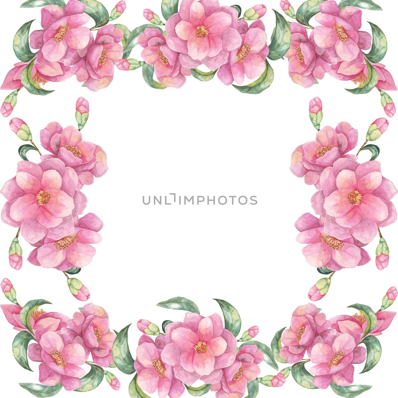 Pink camellia watercolor clipart displaying individual blooms and leaves in a square frame. This versatile design can be used for DIY crafts, print-on-demand products, and custom stationery