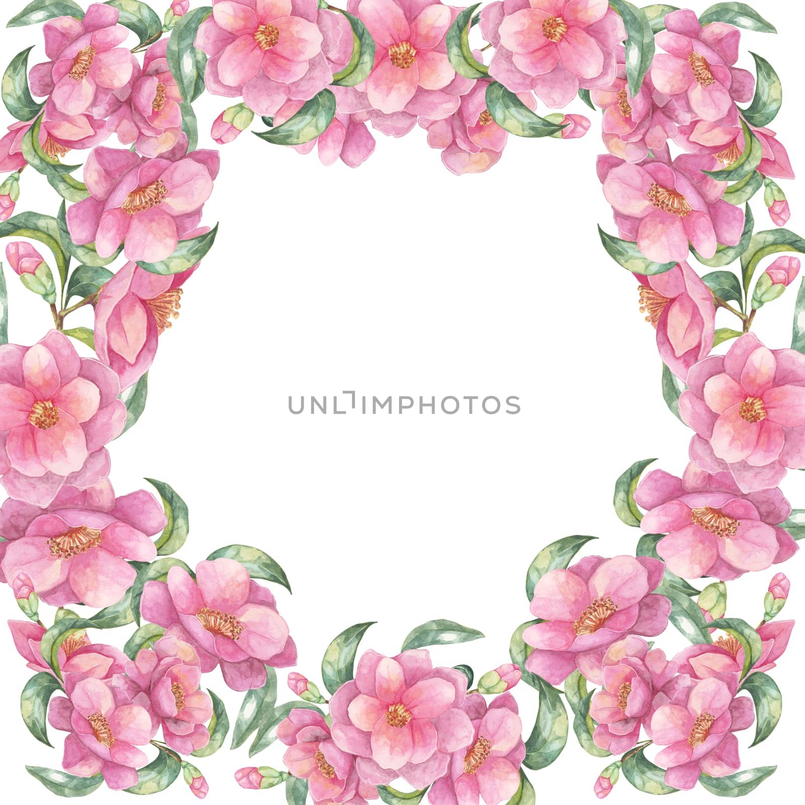 Camellia japonica watercolor clipart featuring a dense pink floral frame on a square background. Ideal for creating custom invitations, digital designs, scrapbooking, and decorative prints
