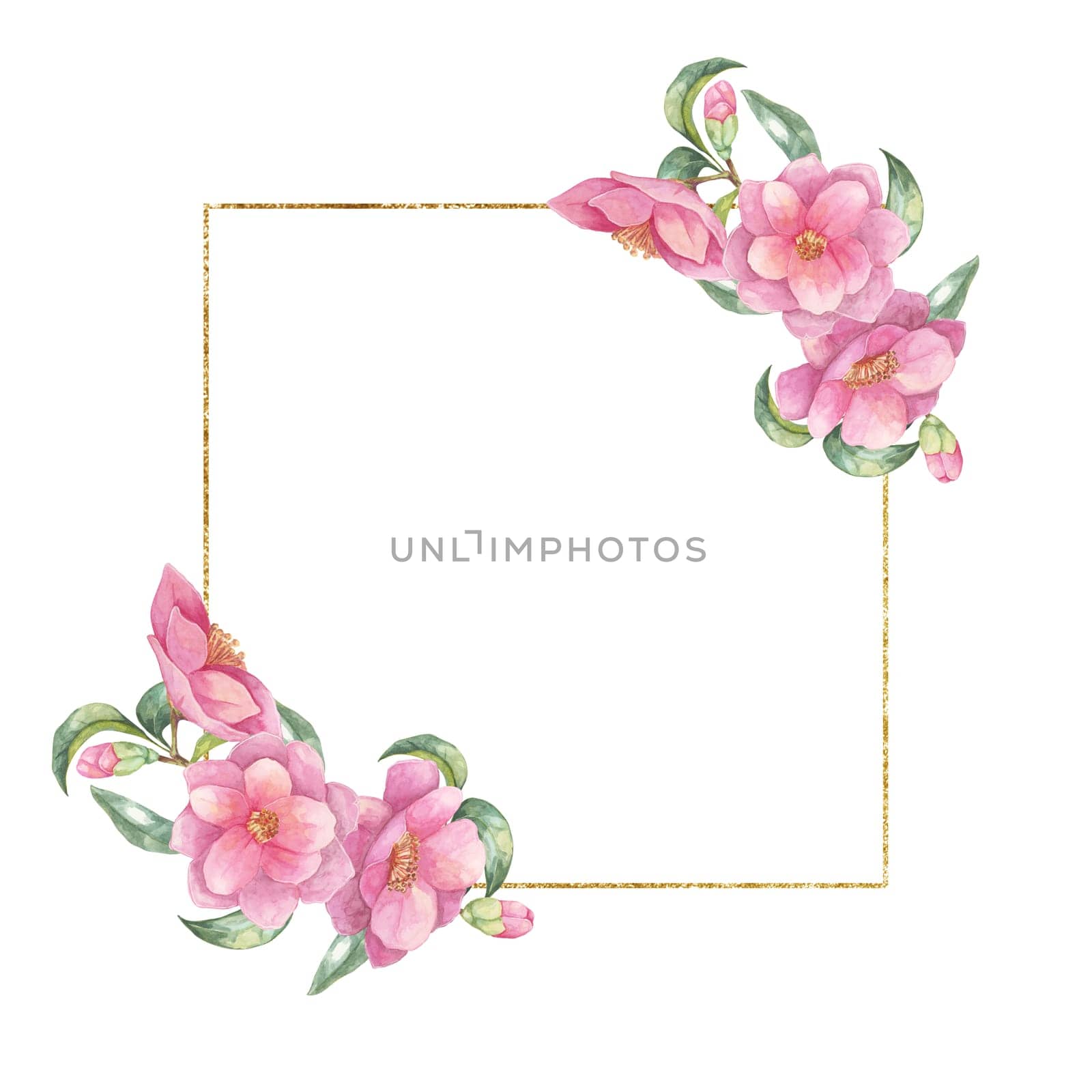Camellia japonica watercolor clipart featuring a gold-lined square frame adorned with pink flowers and green leaves. Perfect for wedding stationery, social media posts, and elegant designs