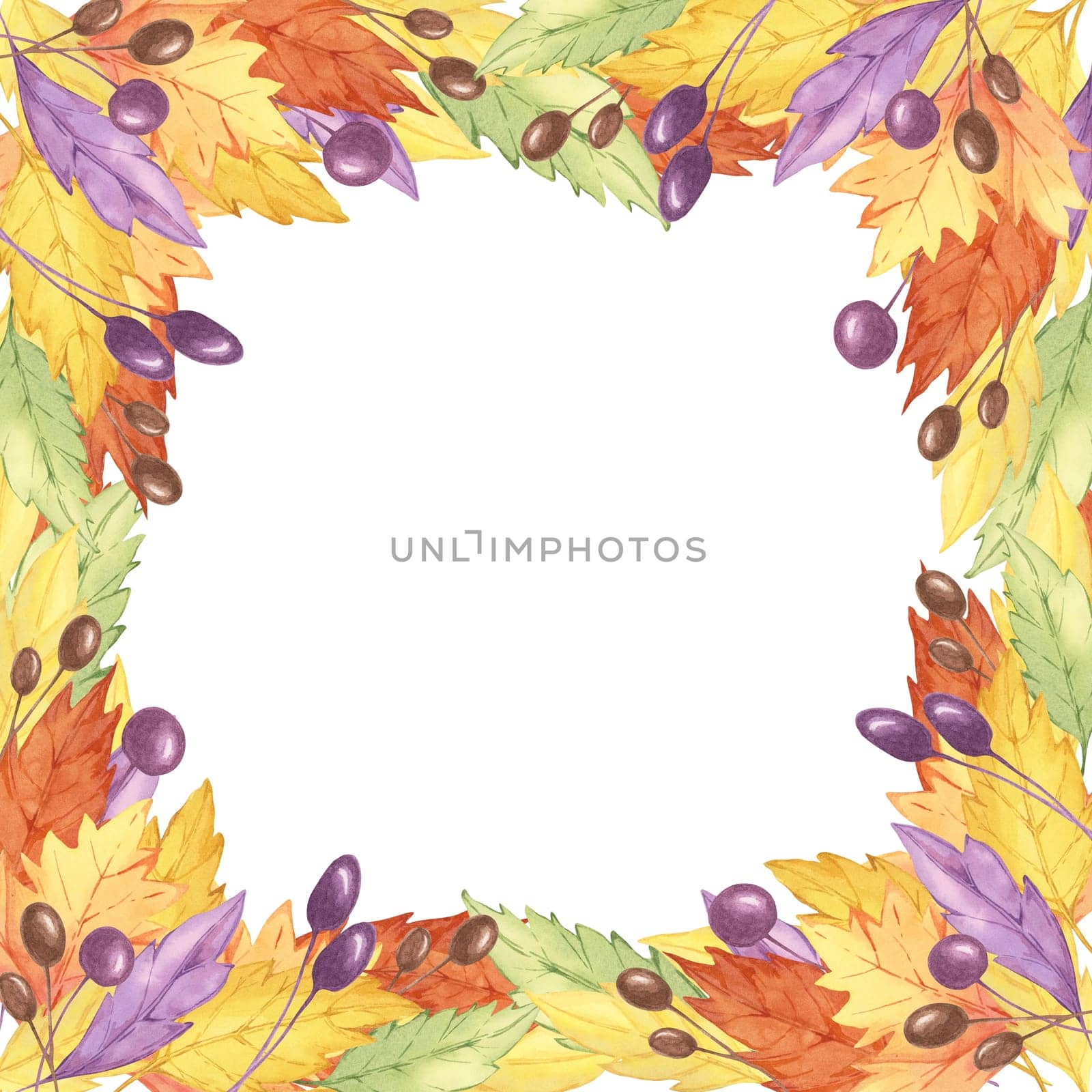Autumn leaves watercolor clipart frame with a border of vibrant yellow, orange, and purple leaves and berries. Suitable for Thanksgiving invitations, seasonal decor, and digital designs