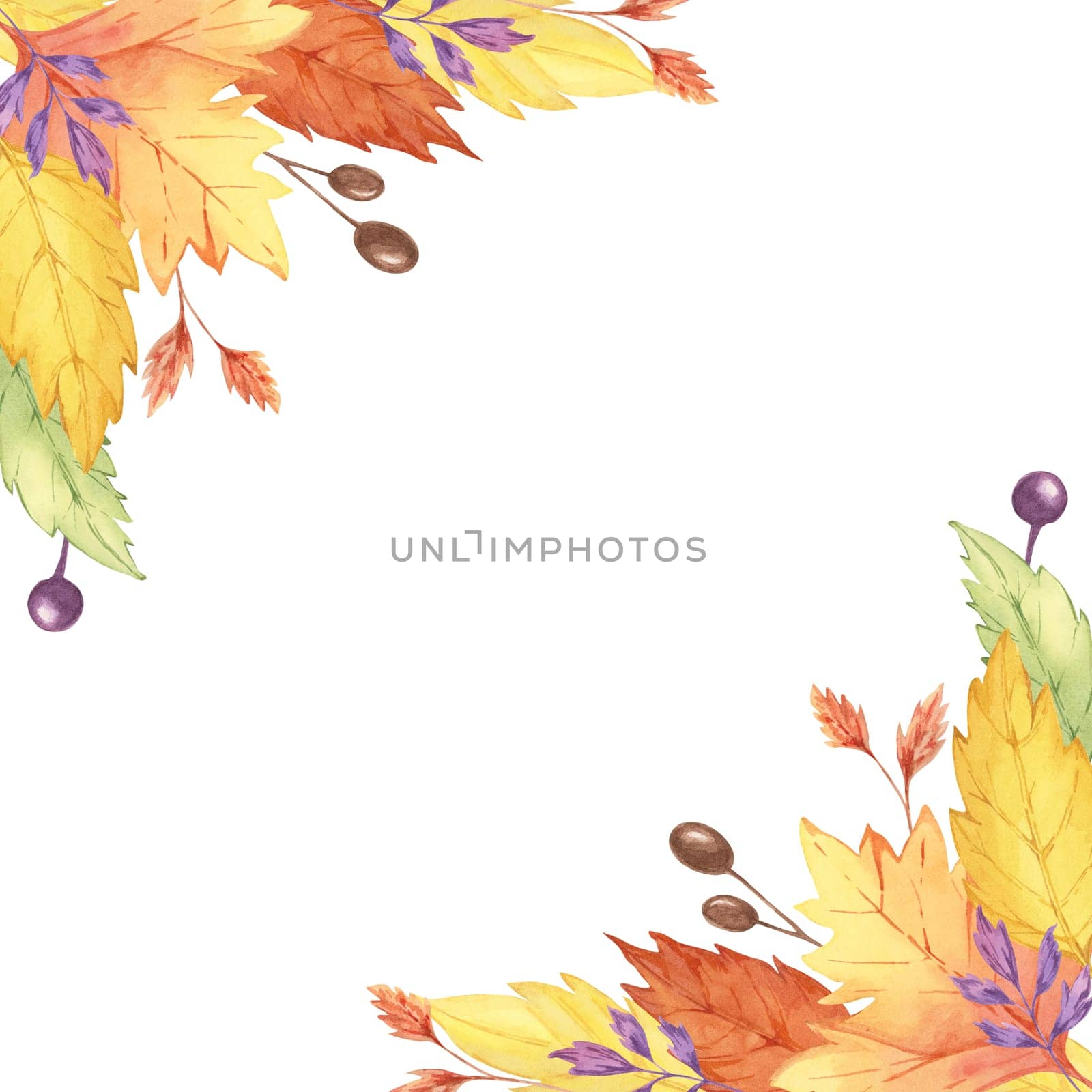 Autumn frame watercolor clipart showcasing a corner arrangement of yellow, orange, and purple leaves and berries. Perfect for fall event invitations, greeting cards, and seasonal digital art.
