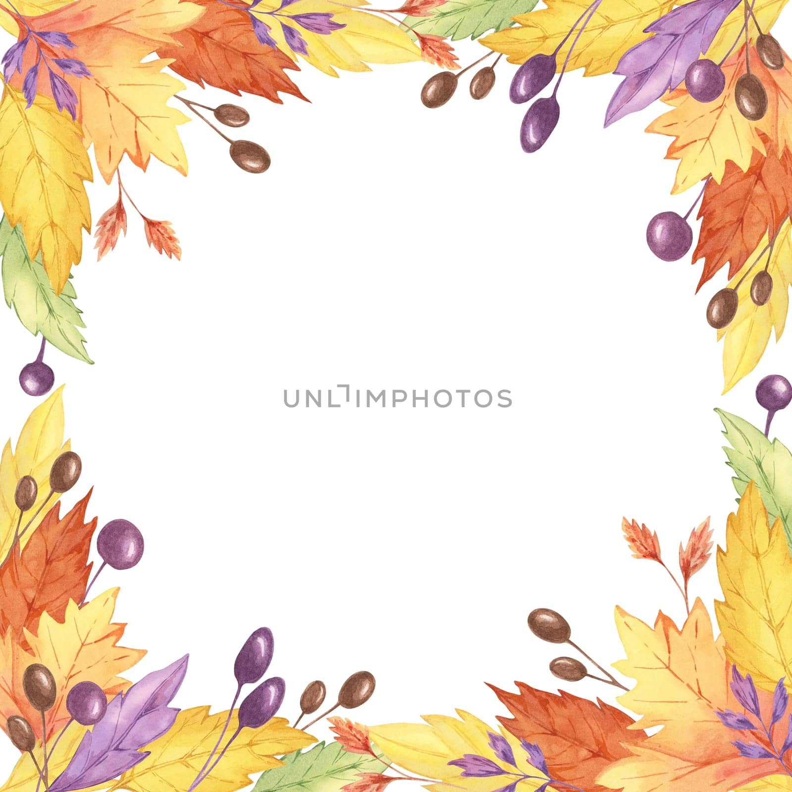 Colorful leaves watercolor clipart frame with an arrangement of yellow, orange, and purple leaves and berries in the corners. Ideal for autumn-themed designs, invitations, and scrapbooking