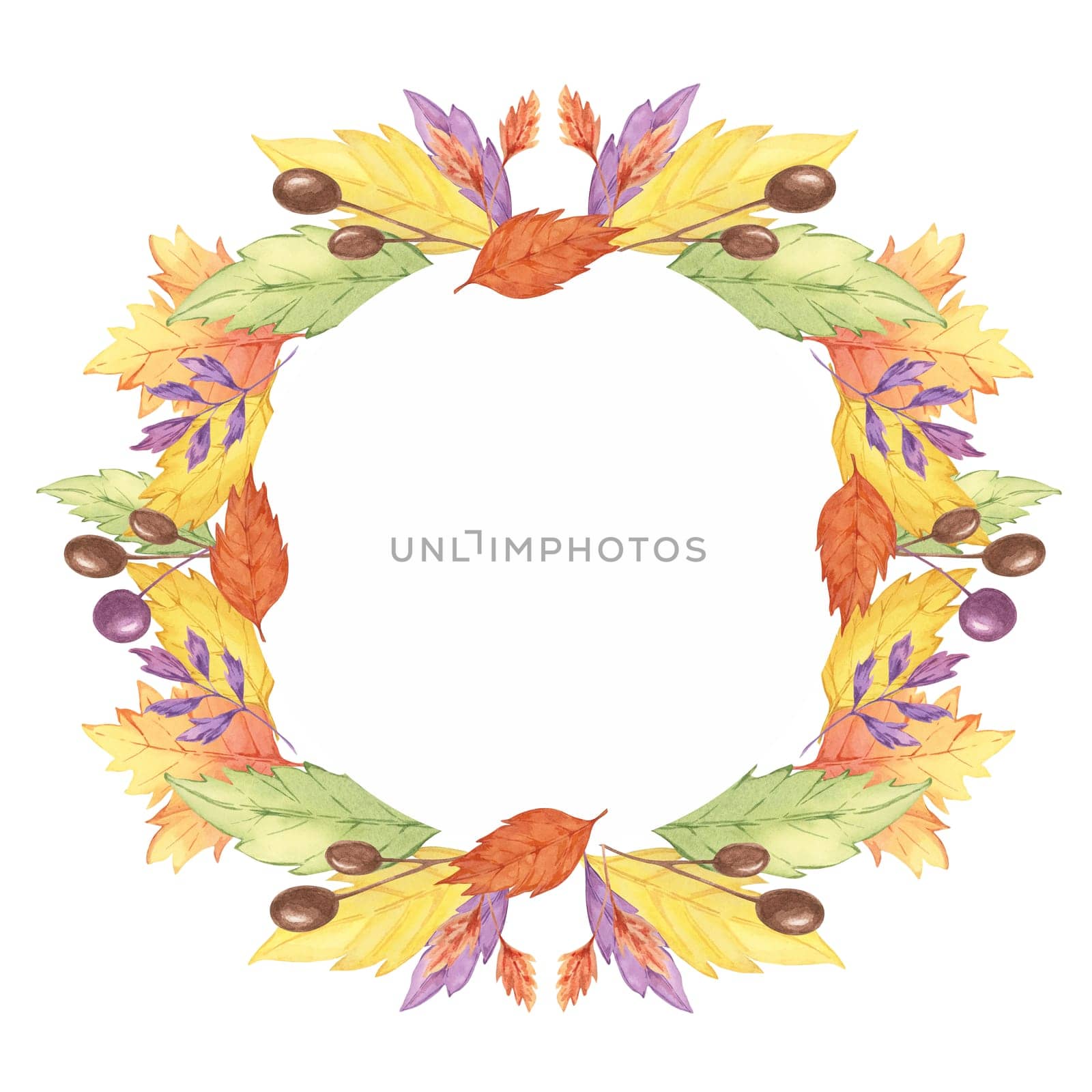 Autumn leaves watercolor clipart wreath with colorful yellow, orange, and purple leaves forming a circular border. Suitable for Thanksgiving cards, fall-themed printables, and decorative projects
