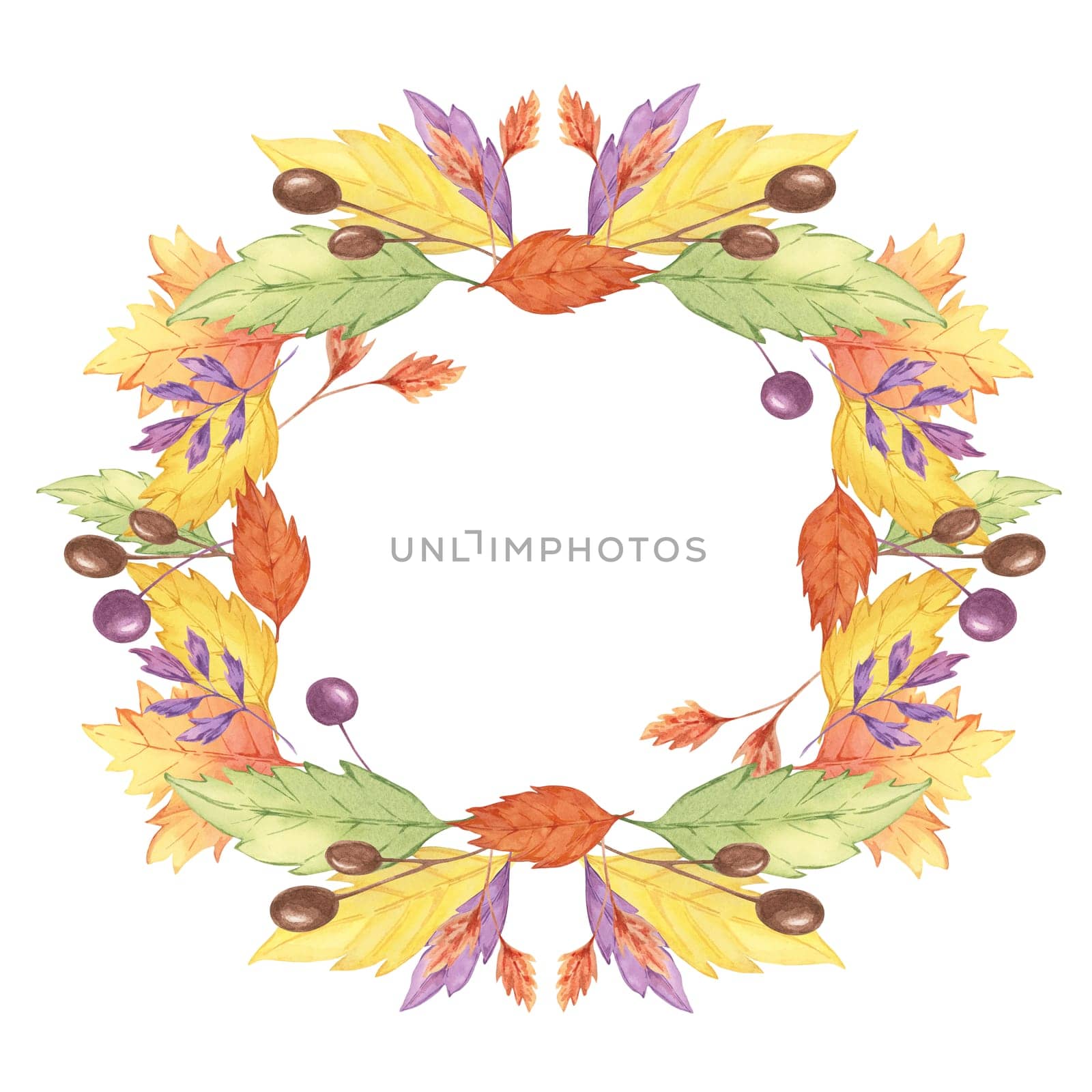 Autumn watercolor clipart wreath showcasing an arrangement of yellow, orange, and purple leaves in a circular frame. Ideal for seasonal invitations, scrapbooking, and autumn-themed decor