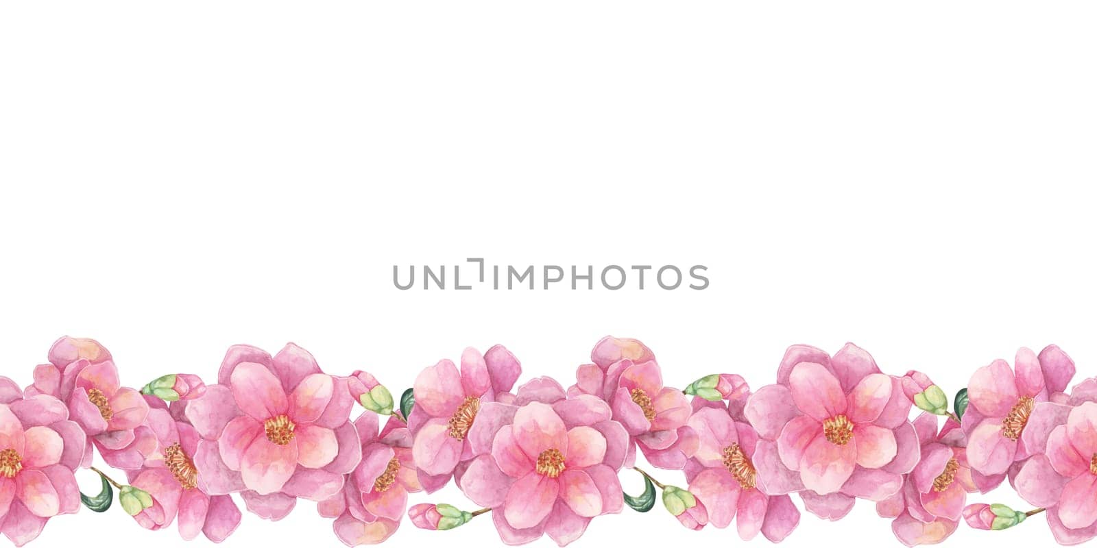 Pink camellia japonica flowers in a horizontal seamless border on the watercolor clipart. The soft and natural floral pattern is ideal for wedding invitations, greeting cards, and printable designs