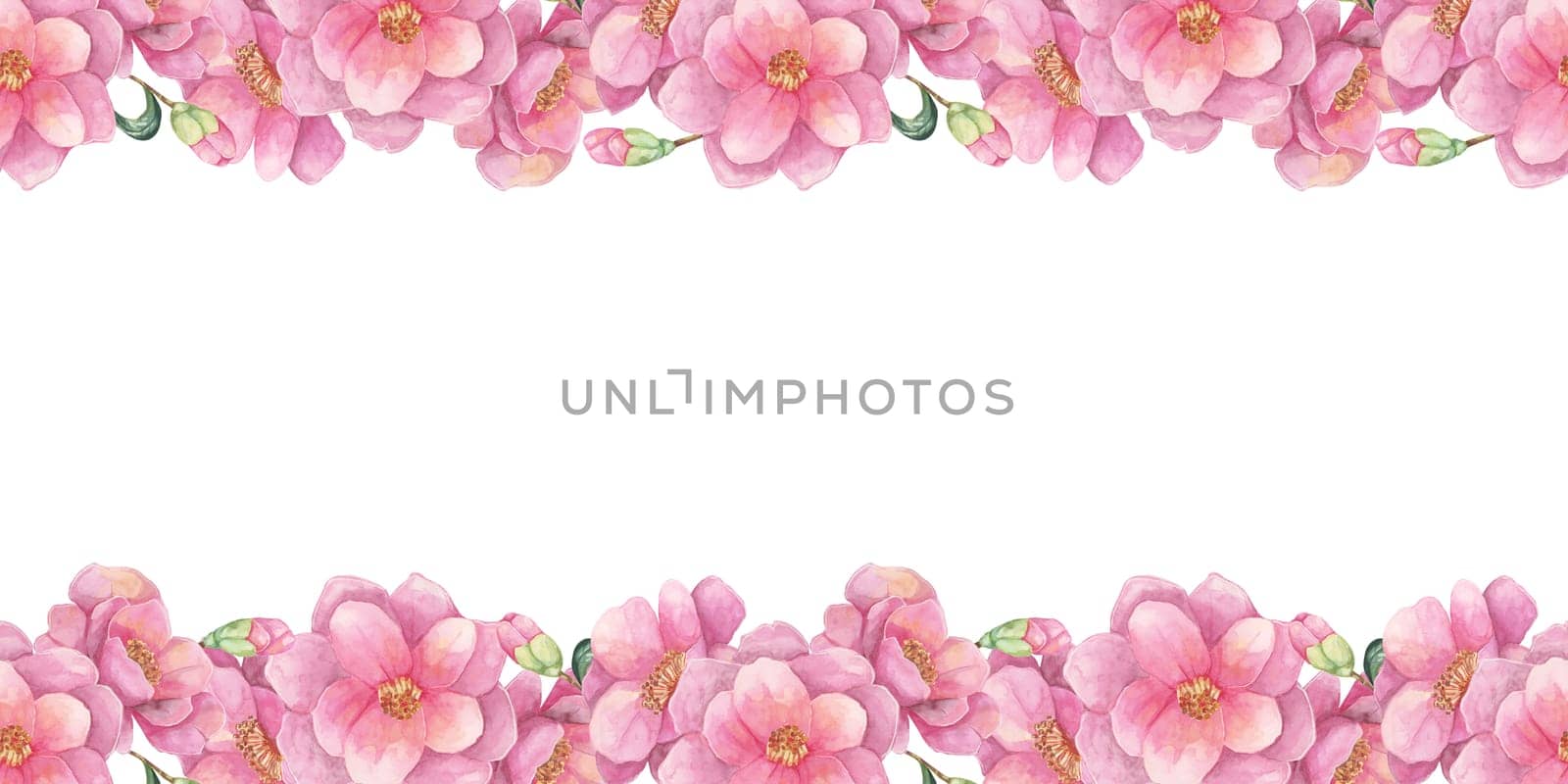 Pink flowers arranged in a continuous, seamless border cover the top and bottom edges of this watercolor clipart. Camellia japonica for wrapping paper, scrapbook projects, or web design elements
