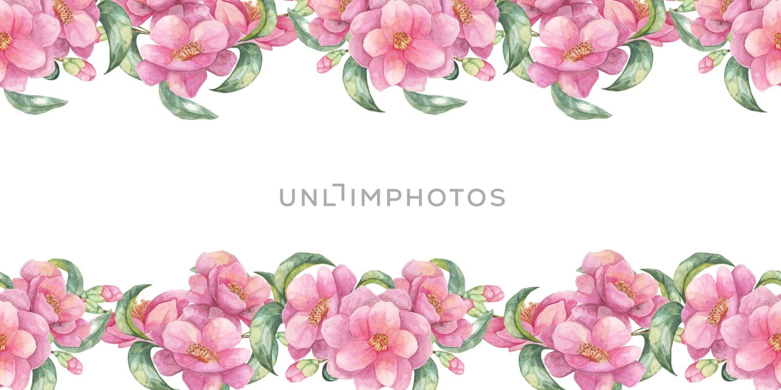 Camellia japonica blossoms with lush green leaves create a seamless floral border on this watercolor clipart. This elegant design is perfect for enhancing invitations, labels, or DIY craft projects.