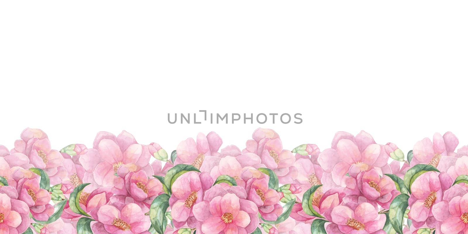 Pink flowers and green foliage form a lower-edge seamless border in this watercolor clipart. Camellia japonica for adding a delicate touch to wedding stationery, digital banners, or printable invites