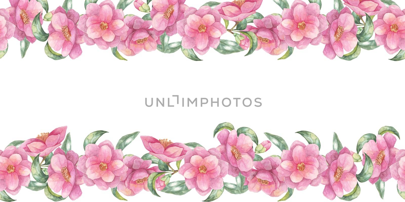 Camellia japonica flowers with green leaves in a seamless border along the top and bottom edges of this watercolor clipart. Suitable for digital designs, social media graphics, and printed stationery