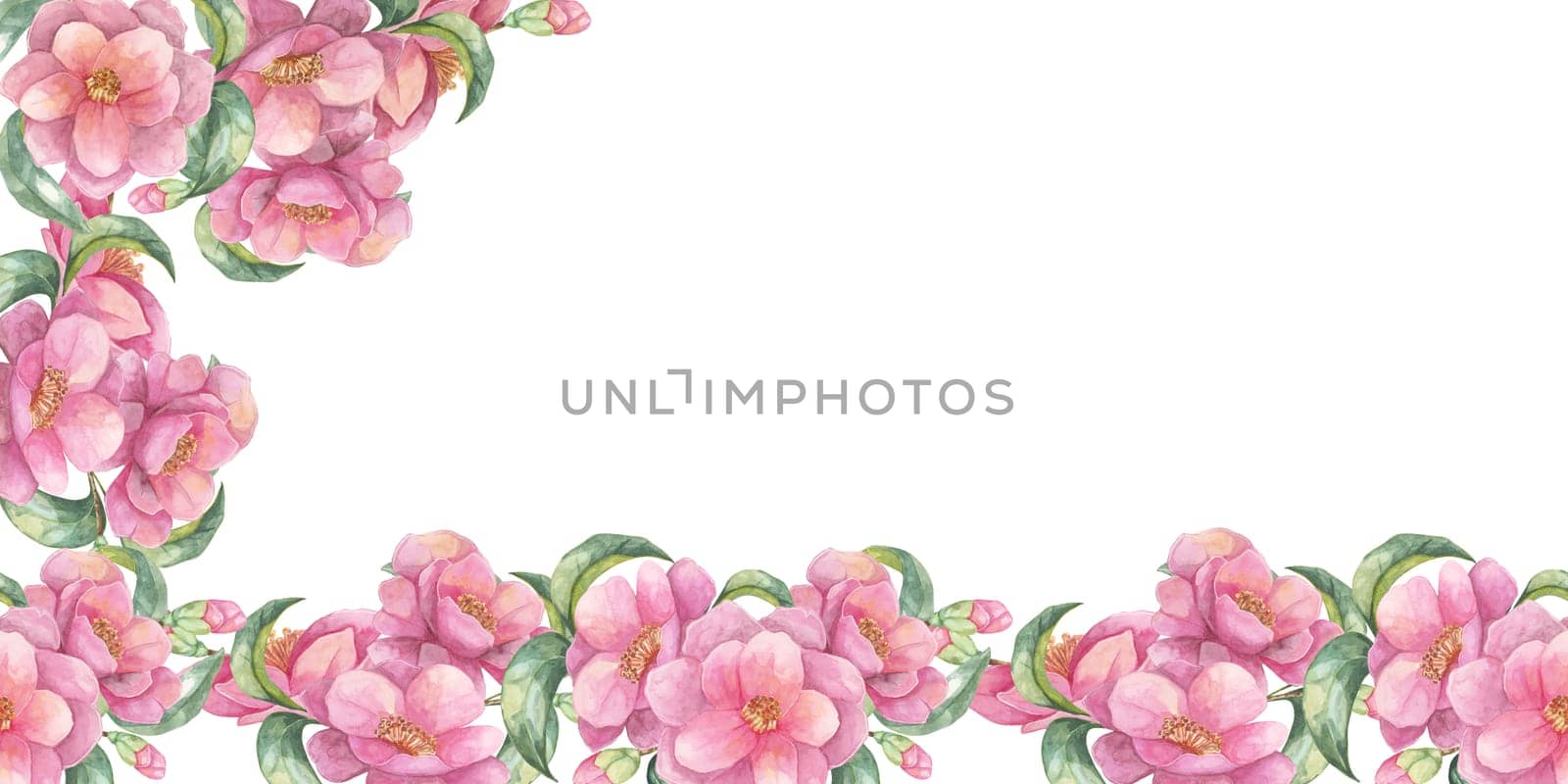 Pink camellia flowers along the bottom and partially up the sides in this watercolor banner. Floral decorative clipart Perfect for crafting, digital scrapbooking, or custom invitations