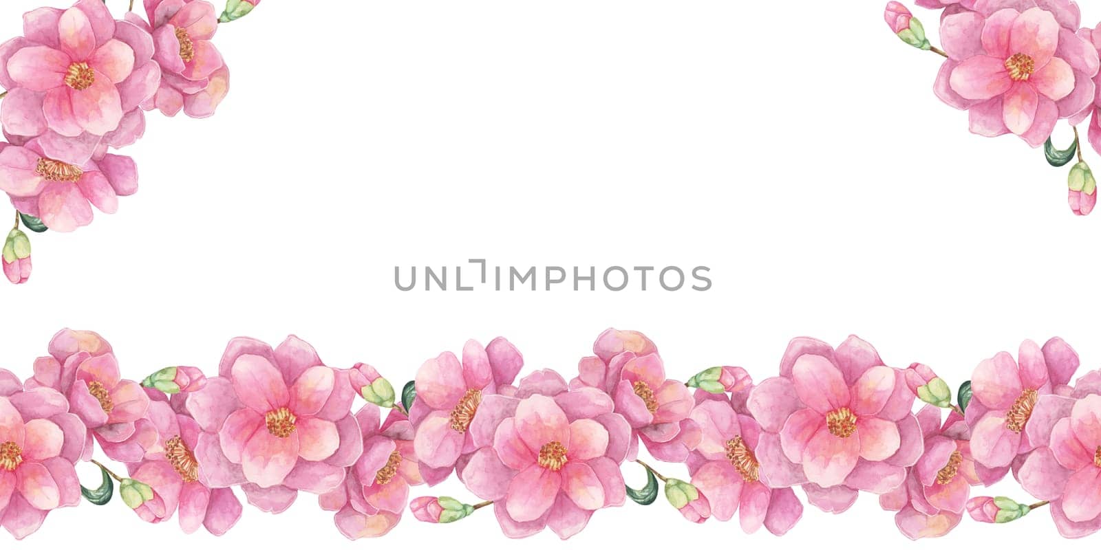 Pink flowers horizontal banner. Camellia japonica watercolor clipart. This floral design is ideal for greeting cards, invitations, and various decorative print projects